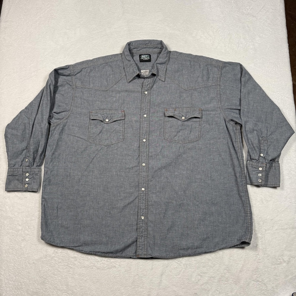 Key Shirt Mens 3XL Gray Western Pearl Snap Button Down Long Sleeve Workwear - Picture 2 of 10